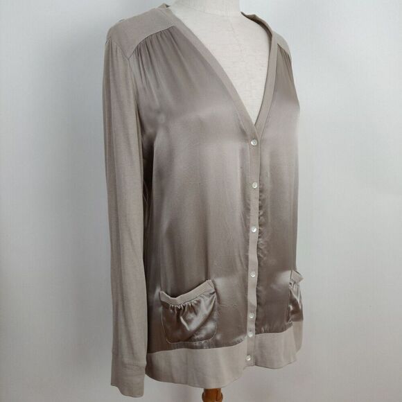 Chico's Silk Button Front Cardigan Size Large / 2 Champagne Tan Cotton Modal - Picture 5 of 8